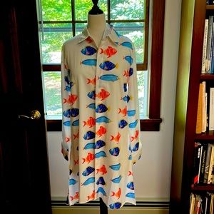 Shirt dress with fish print and long sleeves; new with tags